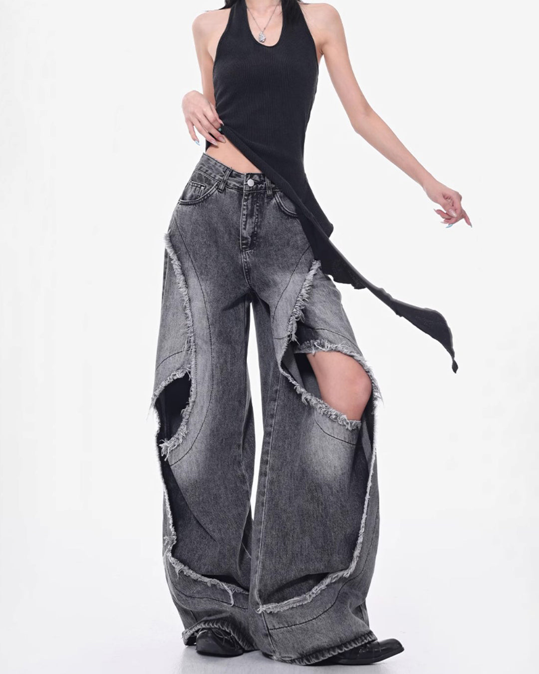 ♥CUT-OUT CURVE PANEL WIDE DENIM