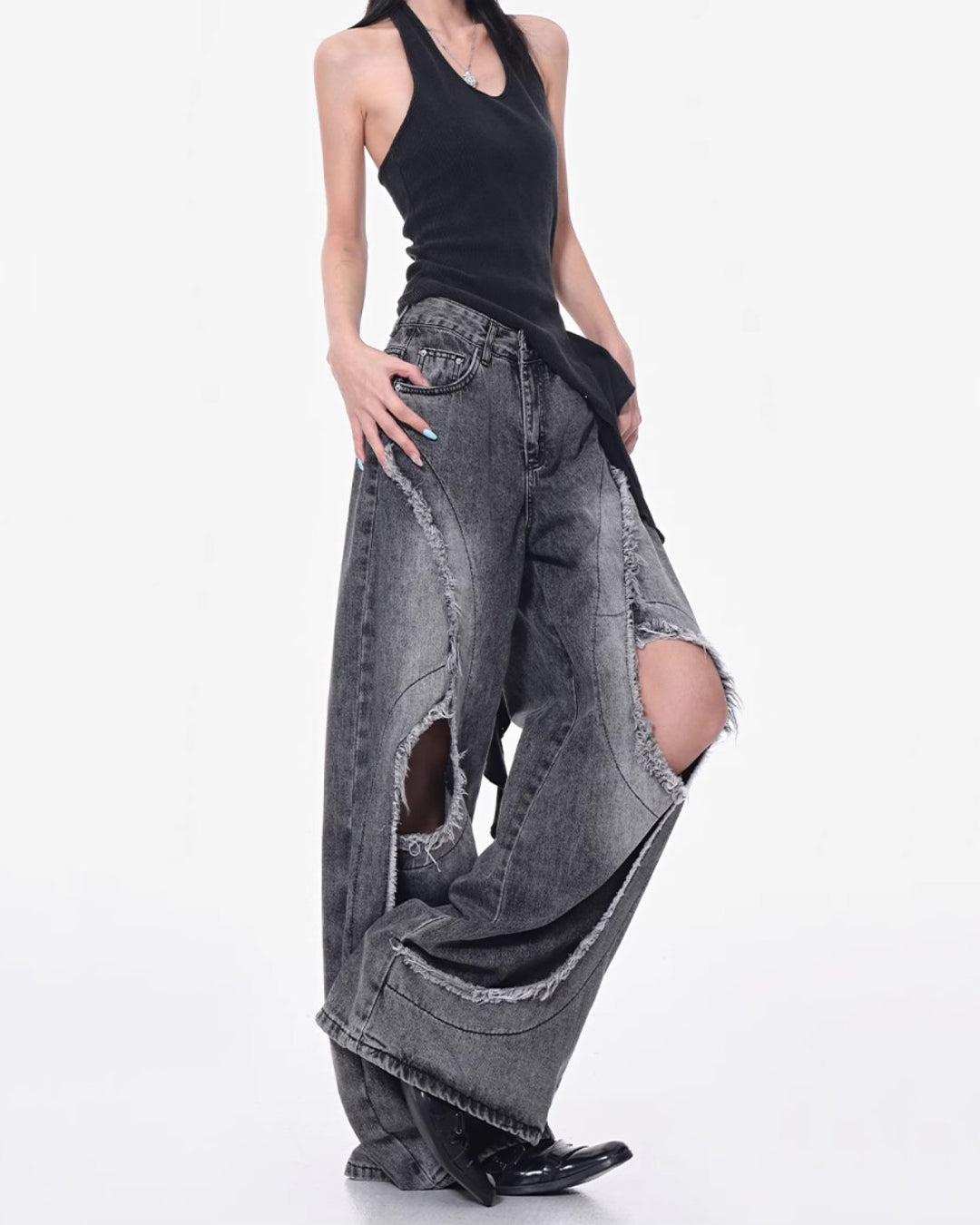 ♥CUT-OUT CURVE PANEL WIDE DENIM