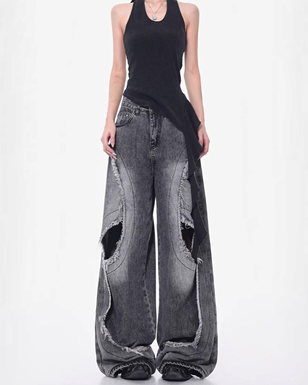 ♥CUT-OUT CURVE PANEL WIDE DENIM