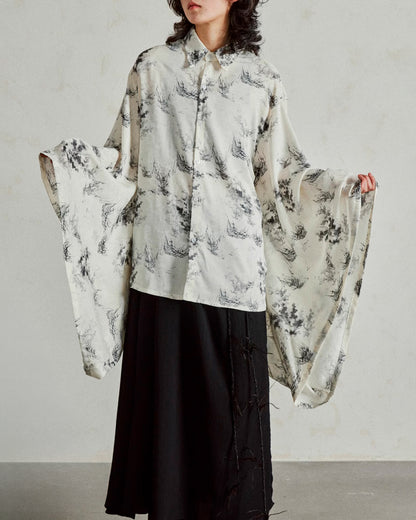 ♠PRINTED WIDE SLEEVE DRAPED SHIRT