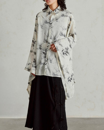 ♠PRINTED WIDE SLEEVE DRAPED SHIRT