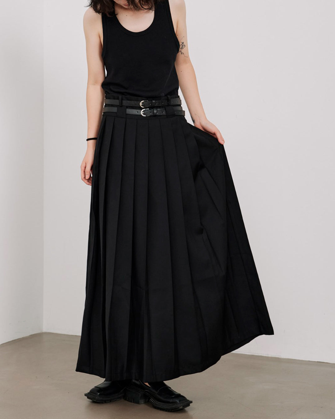 ♠♥DOUBLE BELT PLEATS SKIRT
