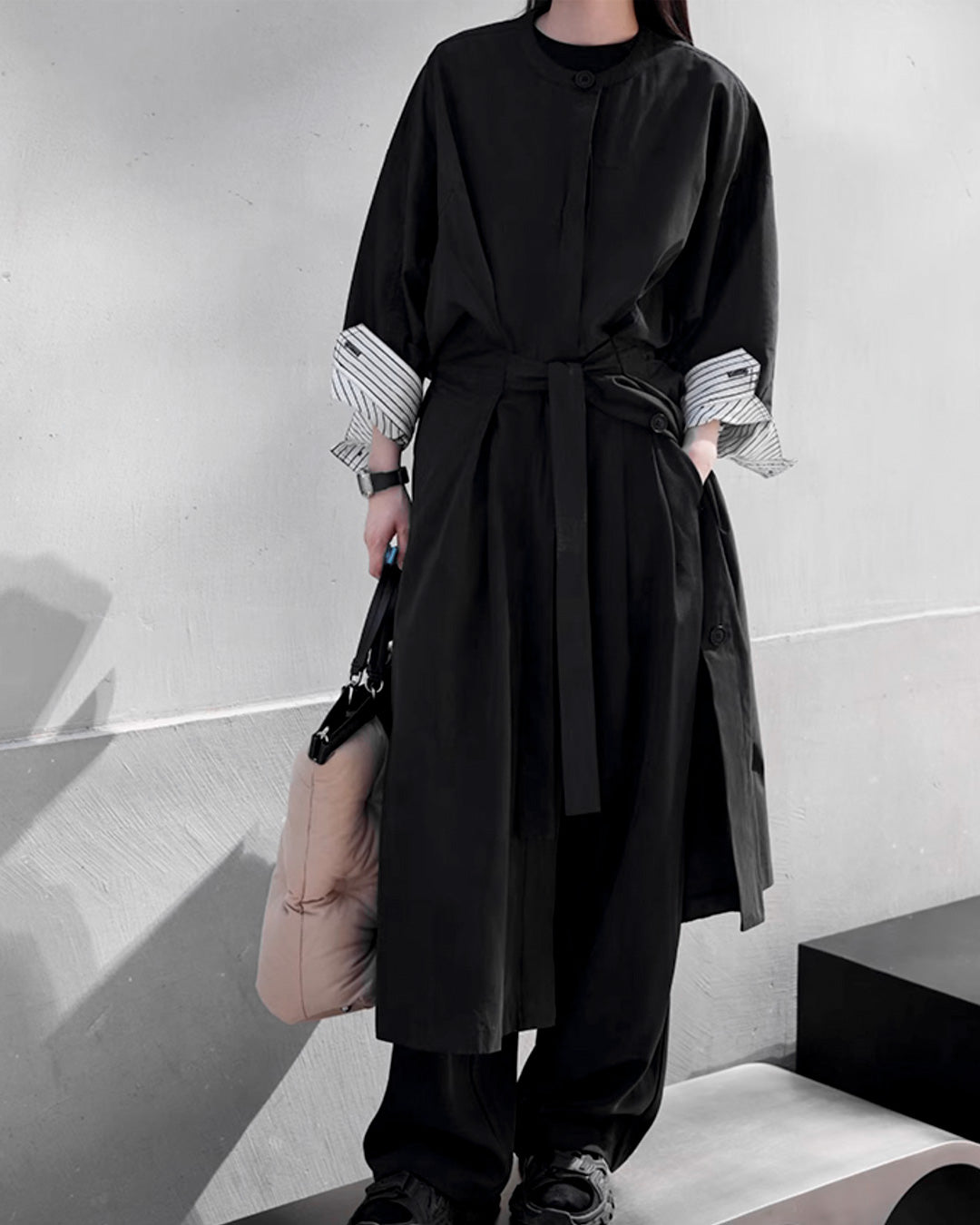 ♥CUFF CONTRAST COLLARLESS COAT