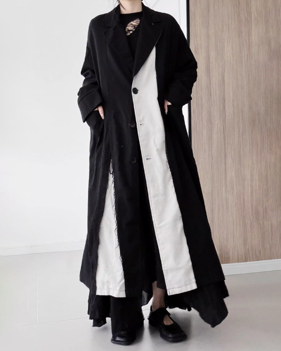 ♥ASYMMETRIC RAW-EDGE CUTAWAY LONG COAT