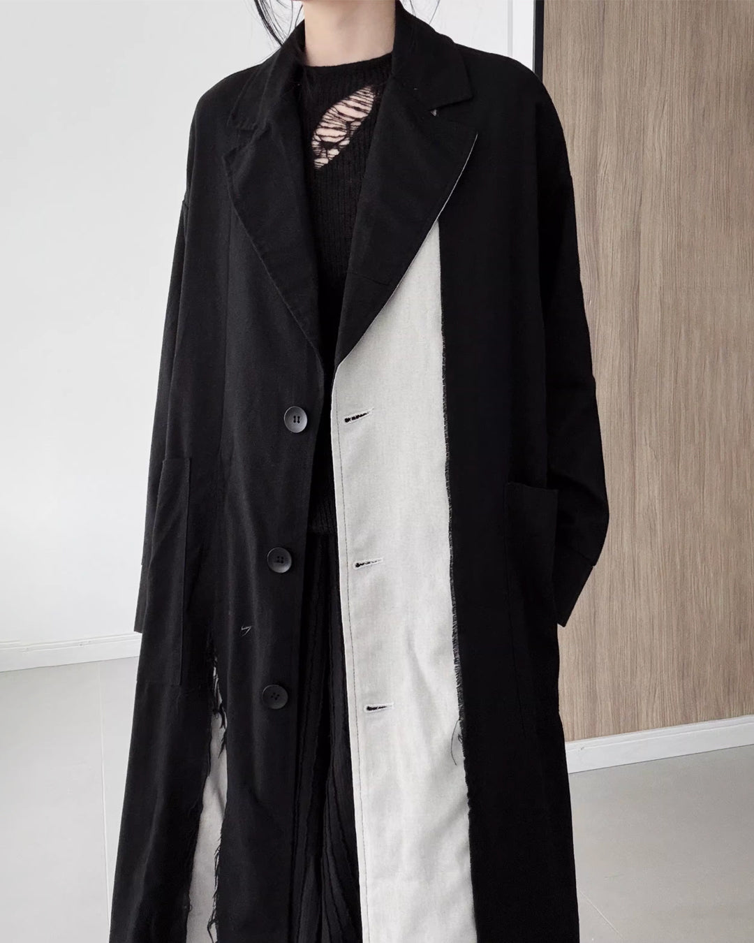 ♥ASYMMETRIC RAW-EDGE CUTAWAY LONG COAT