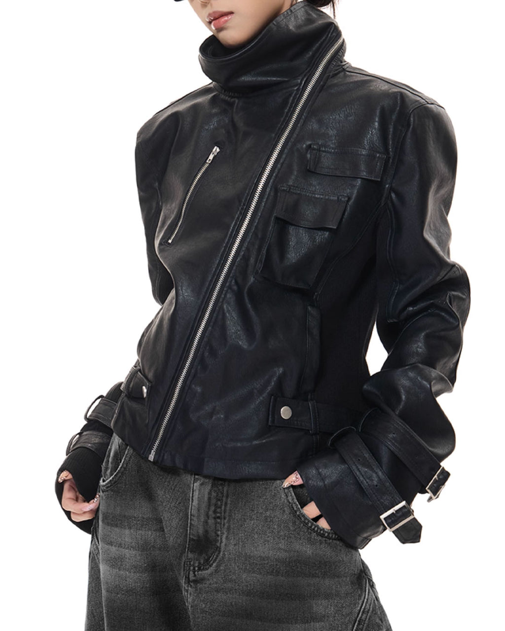 ♥ASYMMETRIC MULTI-ZIP LEATHER JACKET