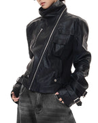 ♥ASYMMETRIC MULTI-ZIP LEATHER JACKET