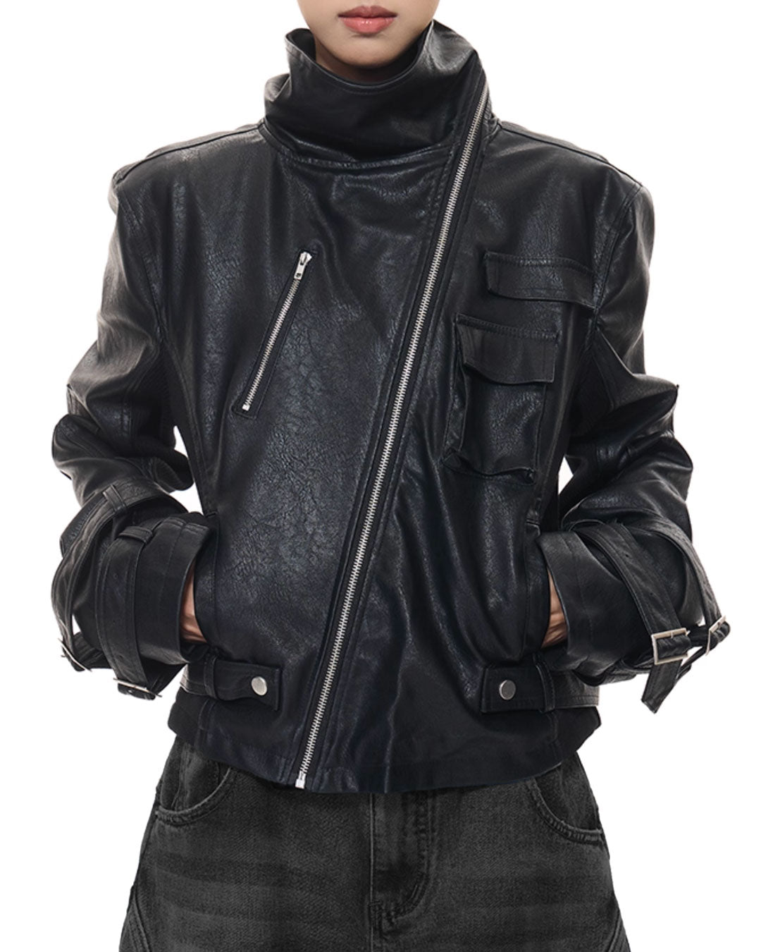 ♥ASYMMETRIC MULTI-ZIP LEATHER JACKET