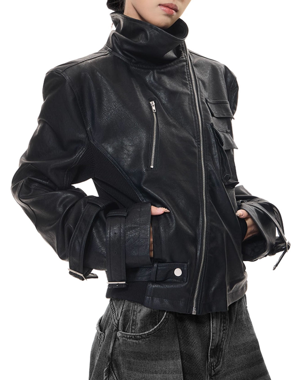 ♥ASYMMETRIC MULTI-ZIP LEATHER JACKET