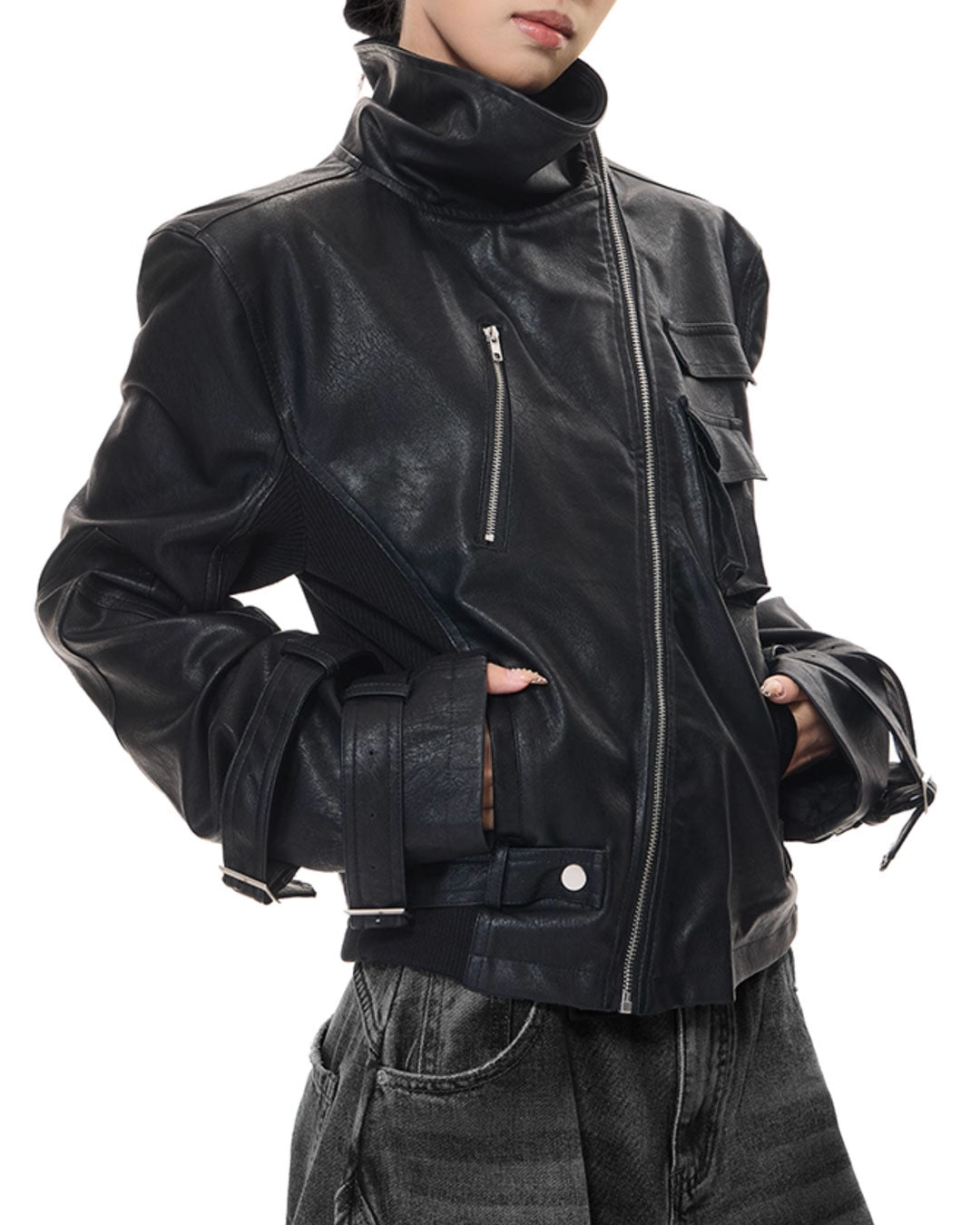 ♥ASYMMETRIC MULTI-ZIP LEATHER JACKET