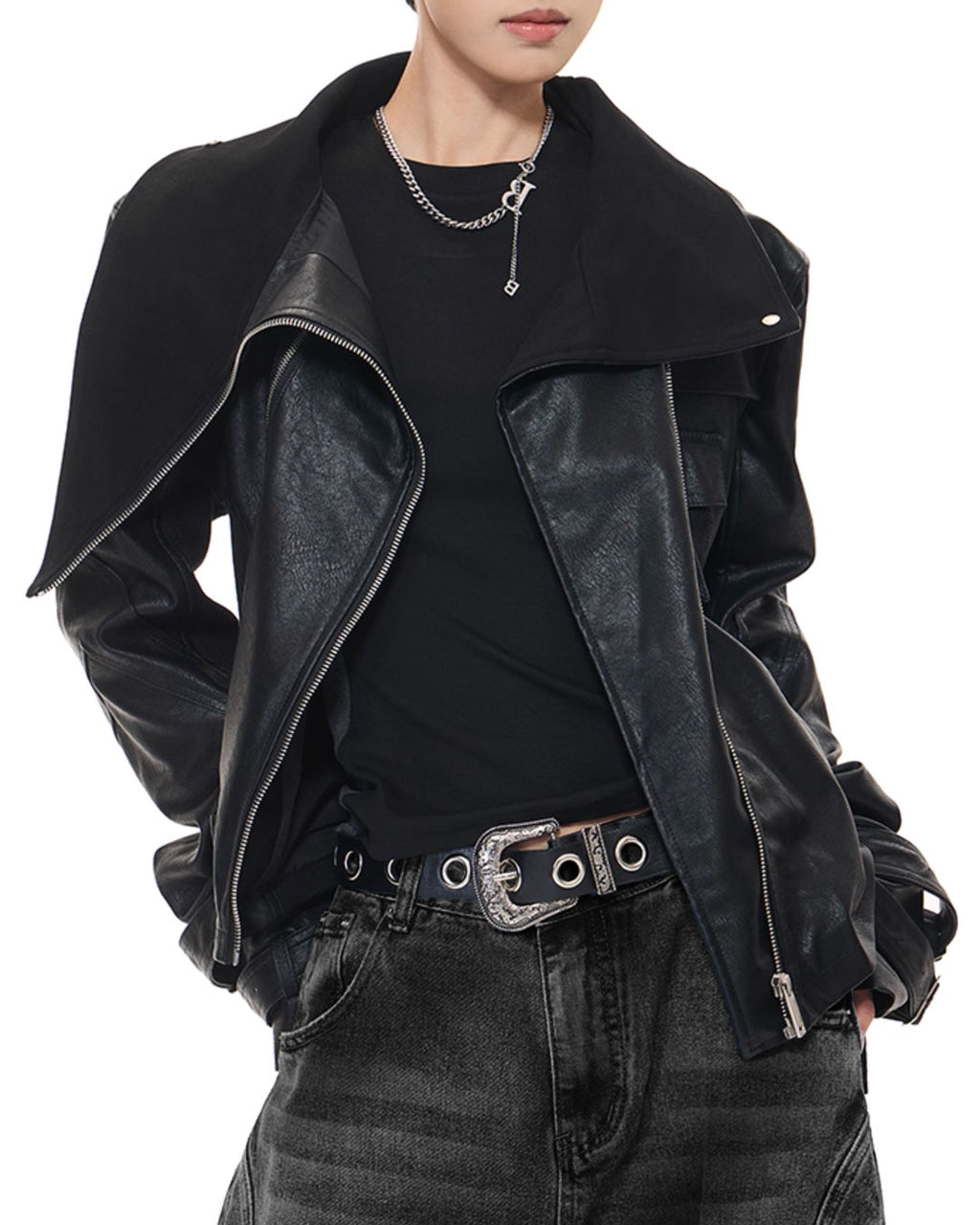 ♥ASYMMETRIC MULTI-ZIP LEATHER JACKET