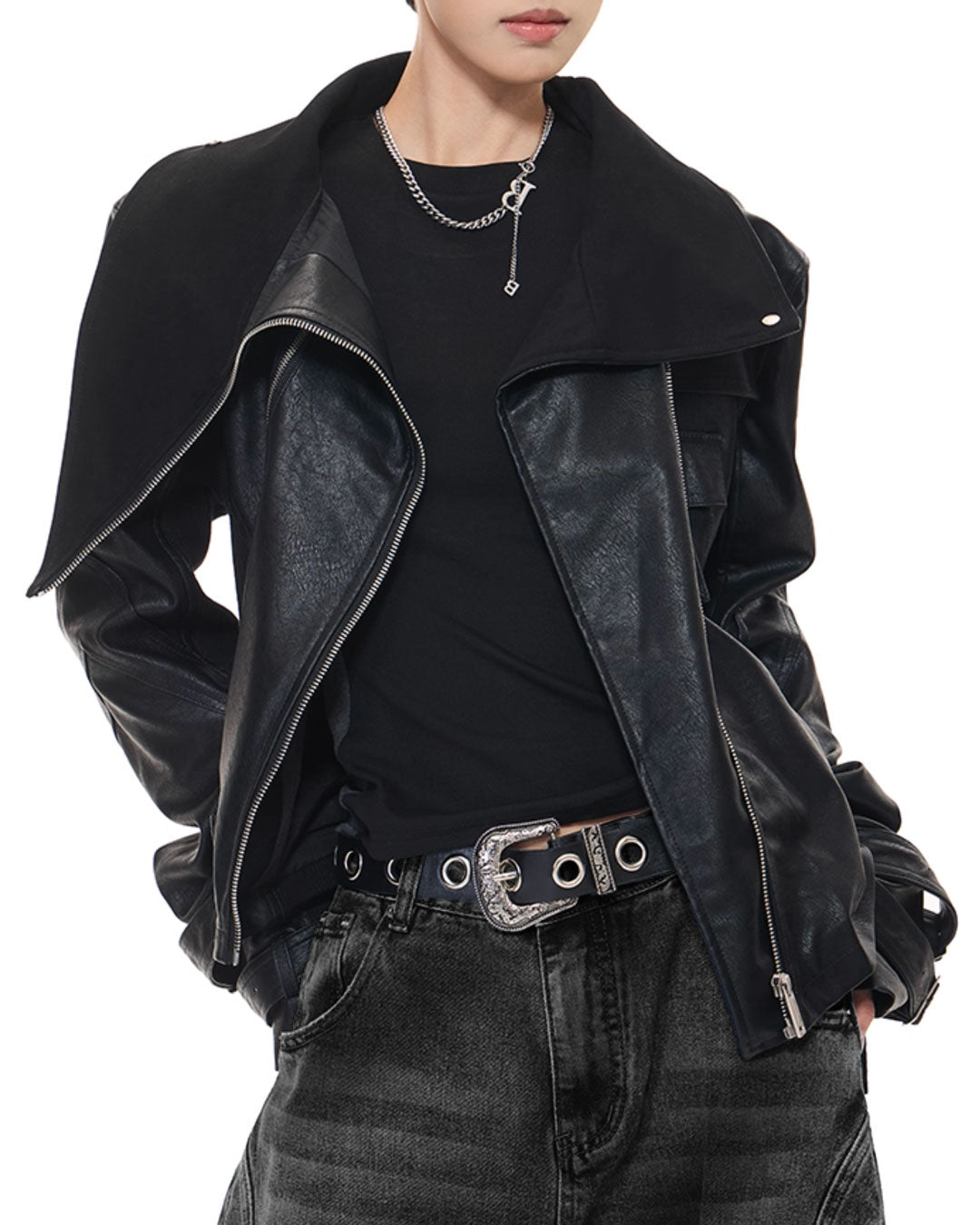 ♥ASYMMETRIC MULTI-ZIP LEATHER JACKET