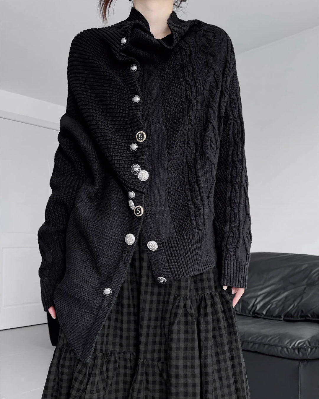 ♥ASYMMETRIC TEXTURE MIX KNIT CARDIGAN