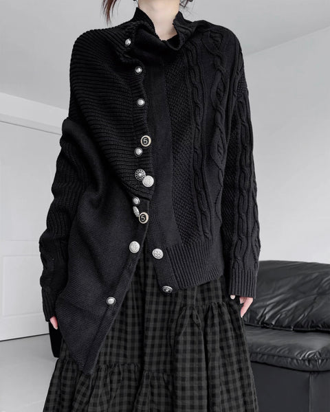 ♥ASYMMETRIC TEXTURE MIX KNIT CARDIGAN – Black Gravity