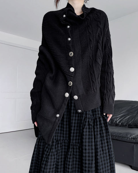♥ASYMMETRIC TEXTURE MIX KNIT CARDIGAN – Black Gravity