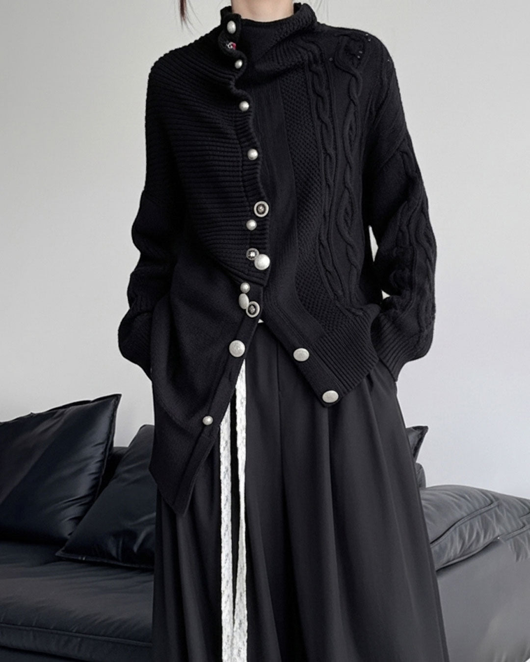 ♥ASYMMETRIC TEXTURE MIX KNIT CARDIGAN