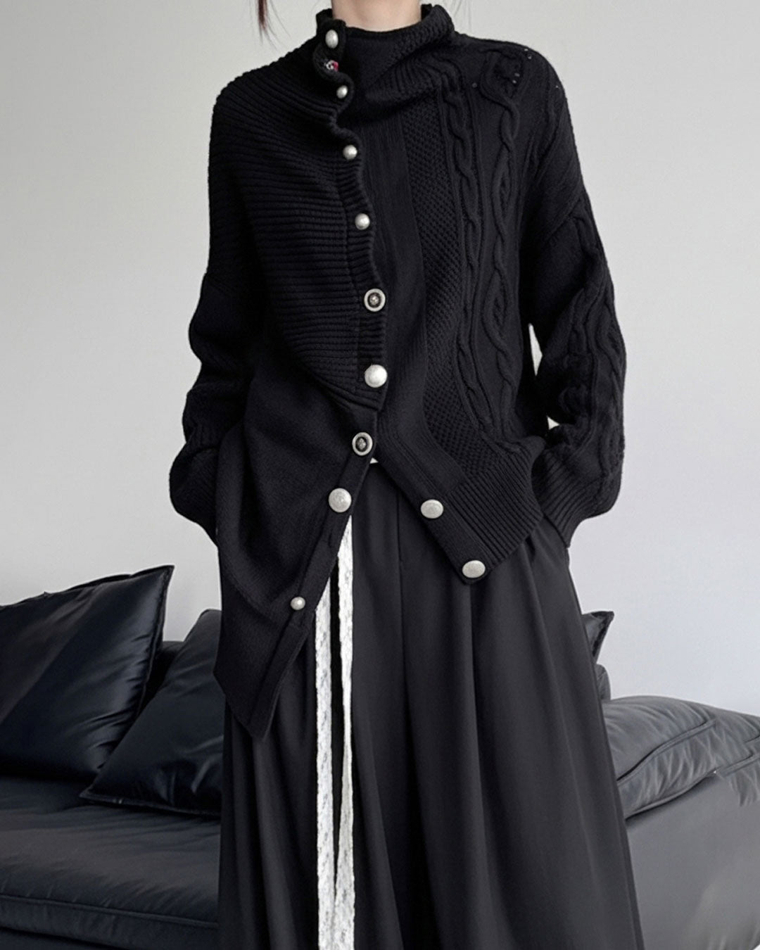 ♥ASYMMETRIC TEXTURE MIX KNIT CARDIGAN