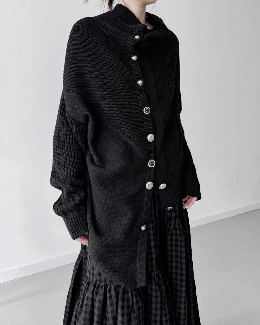 ♥ASYMMETRIC TEXTURE MIX KNIT CARDIGAN