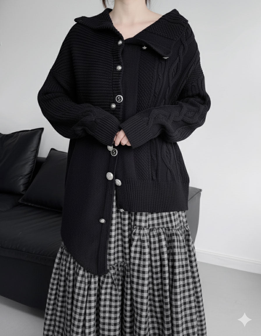 ♥ASYMMETRIC TEXTURE MIX KNIT CARDIGAN