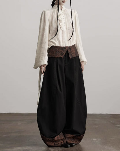 ♥CONTRAST COLLAR BARREL LEG PANTS