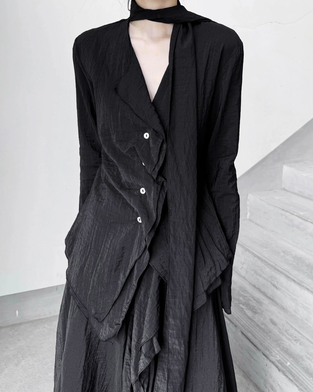 ♥LAYERED PANEL SHIRT with DRAPE SCARF