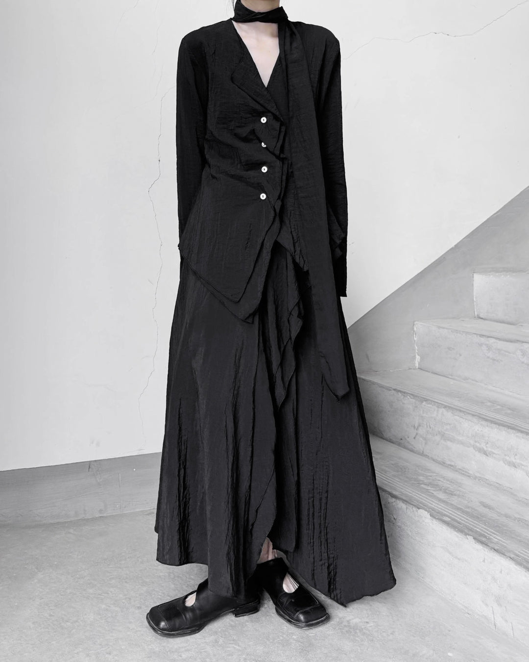 ♥LAYERED PANEL SHIRT with DRAPE SCARF
