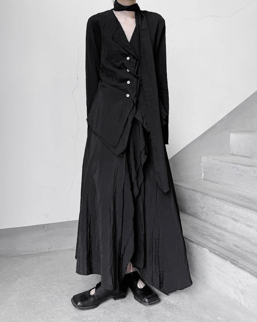 ♥LAYERED PANEL SHIRT with DRAPE SCARF