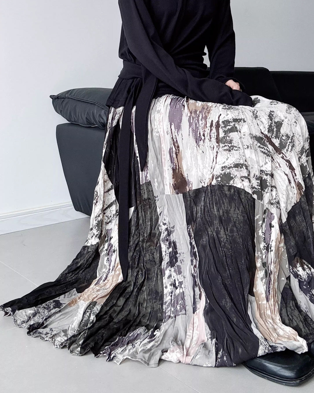 ♥ABSTRACT PRINT CRUSHED FLARED SKIRT